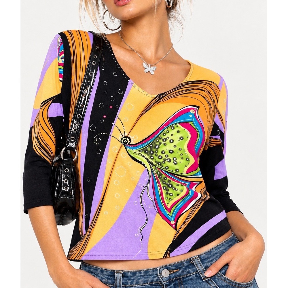 Valentina Womens L Butterfly Rhinestone Top 3/4 Sleeve Y2K Art Print Blouse